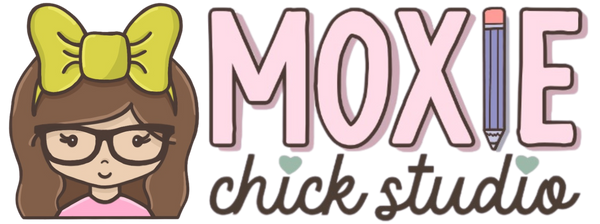 Logo of Moxie Chick Studio with a cartoon character wearing glasses and a yellow bow.